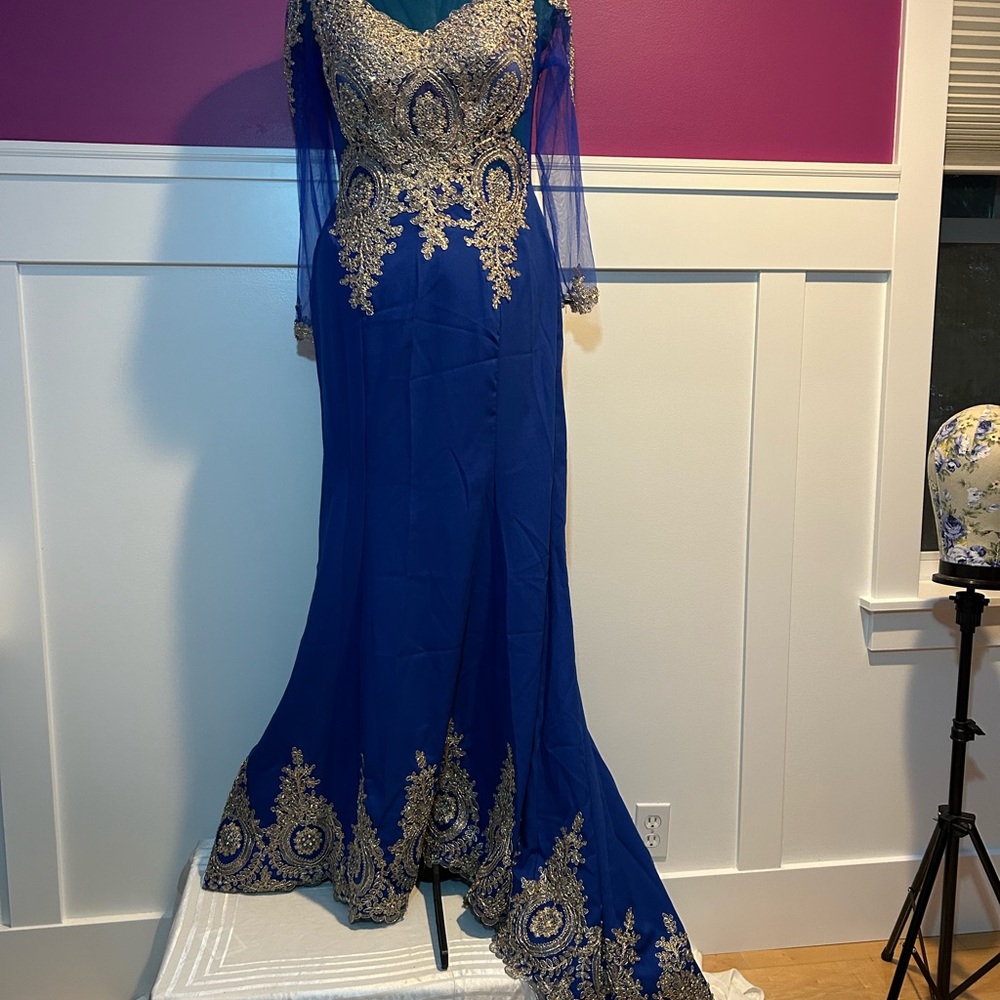 Royal Blue and Gold Embellished Maxi Dress